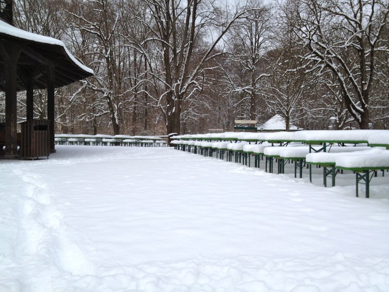 The Chinesischer Turm beer garden tables. Covered in snow, waiting for warmer weather, people, and beer & pretzels!